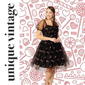 Unique Vintage 1960s Black & Glitter Candy Canes Babydoll Dress, XS, NWT!